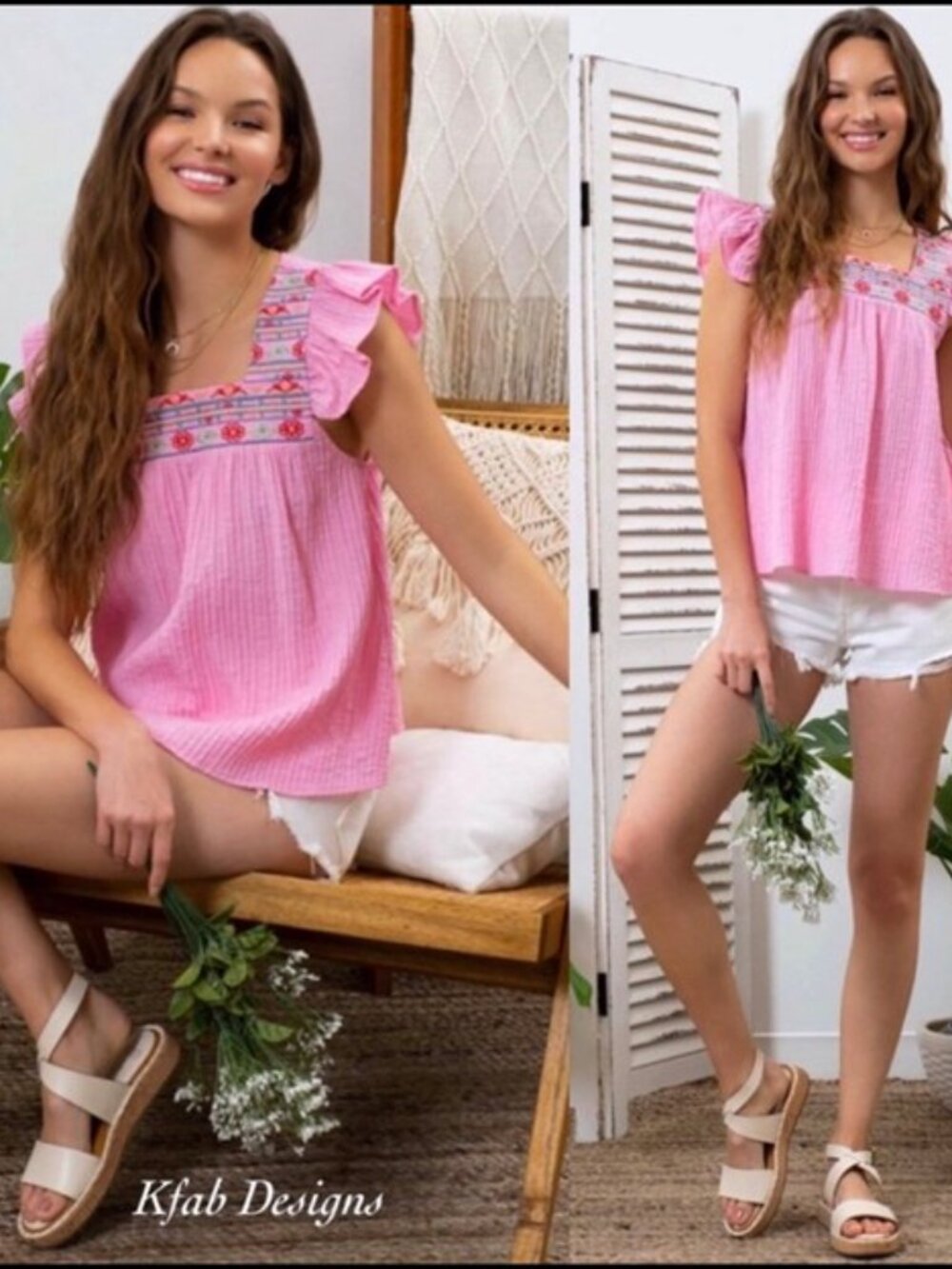 Embroidered Square Neckline Flutter Sleeve Soft Top